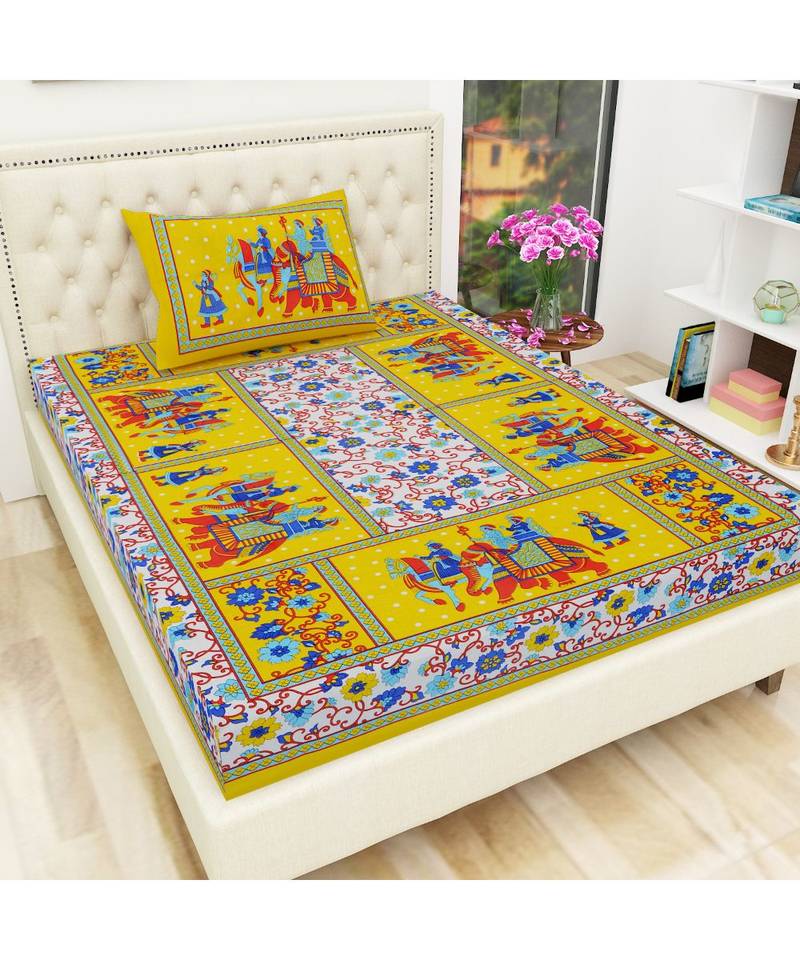 Yellow Color Pure Cotton Single size Bedsheet With  Pillow Cover Single Hathi 4 Side Yellow