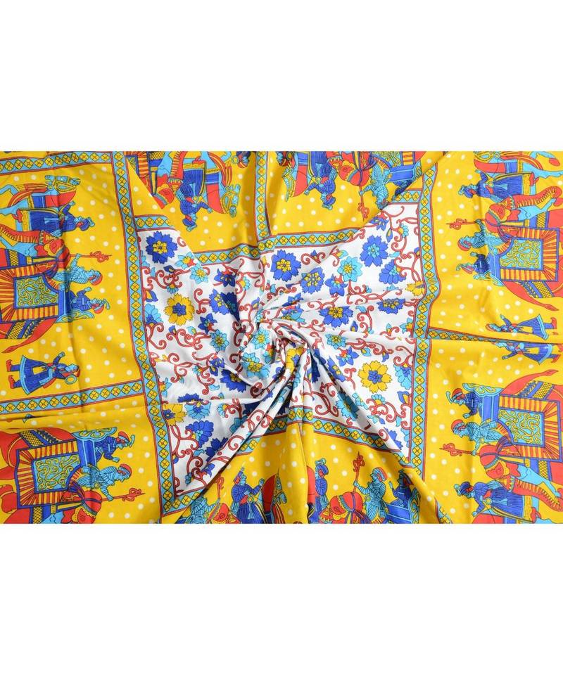 Yellow Color Pure Cotton Single size Bedsheet With  Pillow Cover Single Hathi 4 Side Yellow