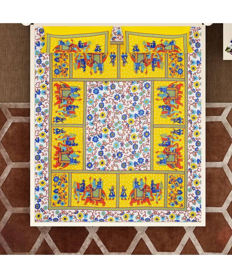 Yellow Color Pure Cotton Single size Bedsheet With  Pillow Cover Single Hathi 4 Side Yellow
