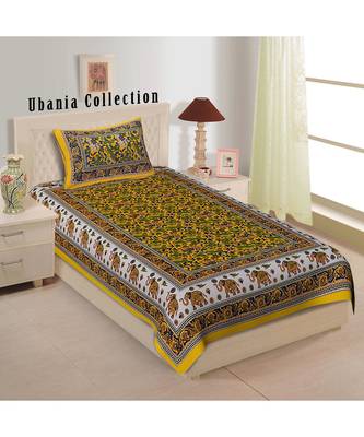 Yellow Color Pure Cotton Single size Bedsheet With  Pillow Cover Single Hathi Tota Yellow 1