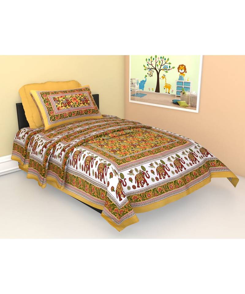 Yellow Color Pure Cotton Single size Bedsheet With  Pillow Cover Single Hathi Tota Yellow