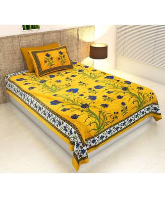 Yellow Color Pure Cotton Single size Bedsheet With  Pillow Cover Single Kashmir Kali Yellow 1