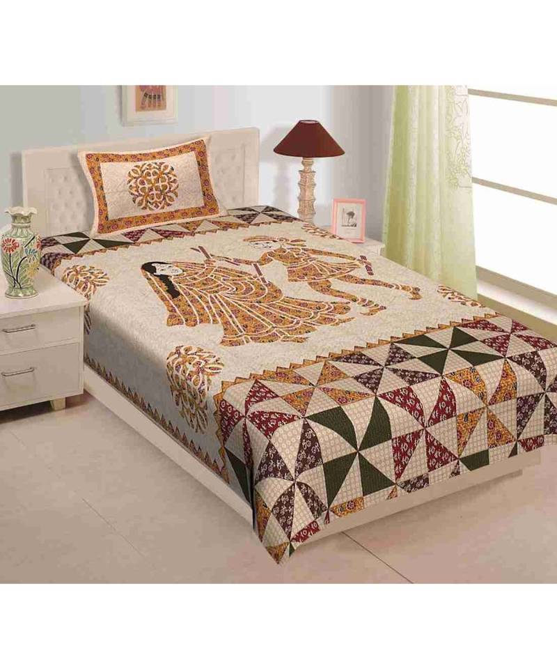 Yellow Color Pure Cotton Single size Bedsheet With  Pillow Coverbarmeri dandiya yellow