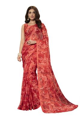 Red printed chiffon saree with blouse 1