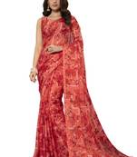 Red printed chiffon saree with blouse