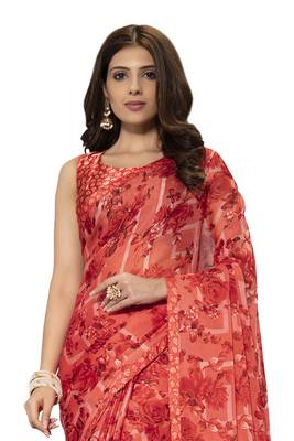Red printed chiffon saree with blouse 2