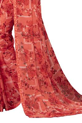 Red printed chiffon saree with blouse 3