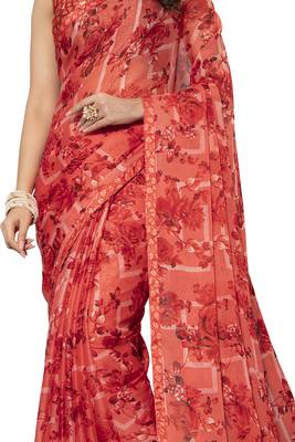 Red printed chiffon saree with blouse 4