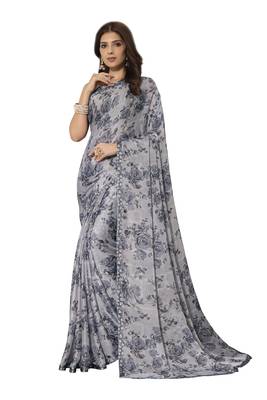 Grey printed chiffon saree with blouse 1