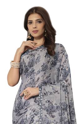 Grey printed chiffon saree with blouse 2
