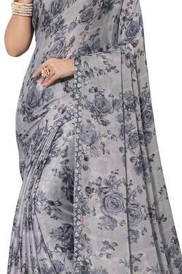 Grey printed chiffon saree with blouse 4