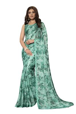 Green printed chiffon saree with blouse 1