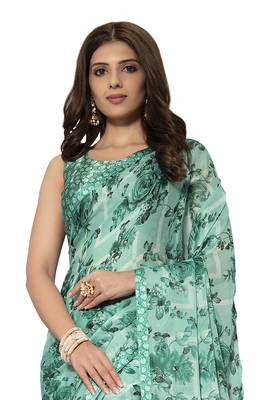 Green printed chiffon saree with blouse 2