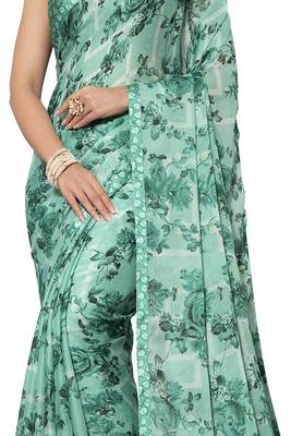 Green printed chiffon saree with blouse 4