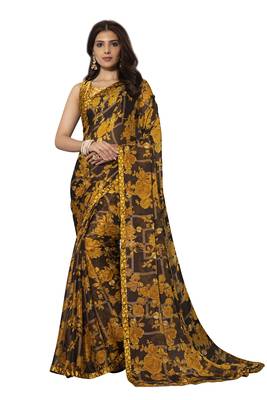 Mustard printed chiffon saree with blouse 1