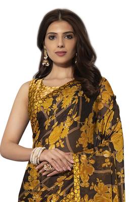 Mustard printed chiffon saree with blouse 2