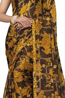 Mustard printed chiffon saree with blouse 4