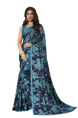 Blue printed chiffon saree with blouse 1