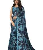 Blue printed chiffon saree with blouse