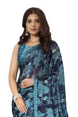 Blue printed chiffon saree with blouse 2