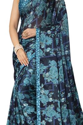 Blue printed chiffon saree with blouse 4