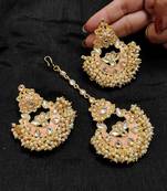 LALSO Bridal Jewelry Peach Meenakari Enameled Bandhani Work Maangtika Earring Combo Set  - LKTE25_PH