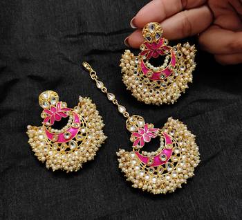 LALSO Bridal Jewelry Pink Meenakari Enameled Bandhani Work Maangtika Earring Combo Set  - LKTE22_PK 1