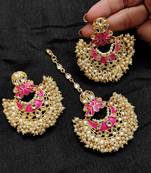 LALSO Bridal Jewelry Pink Meenakari Enameled Bandhani Work Maangtika Earring Combo Set  - LKTE22_PK