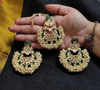 LALSO Bridal Jewelry Peach Meenakari Enameled Bandhani Work Maangtika Earring Combo Set  - LKTE21_GR 1