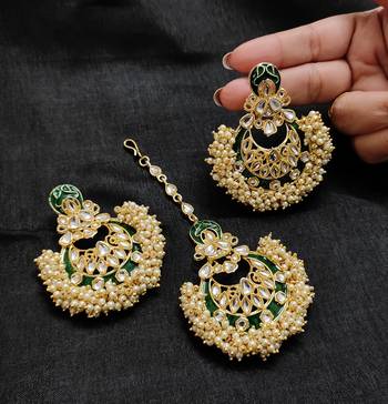 LALSO Bridal Jewelry Peach Meenakari Enameled Bandhani Work Maangtika Earring Combo Set  - LKTE21_GR 2