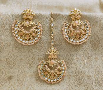 LALSO Stunning Peach Kundan Work Earring Maangtika Set - LKTE14_PH 1