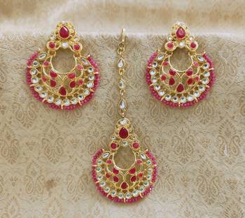 LALSO Stunning Ruby Kundan Work Earring Maangtika Set - LKTE16_RB 1