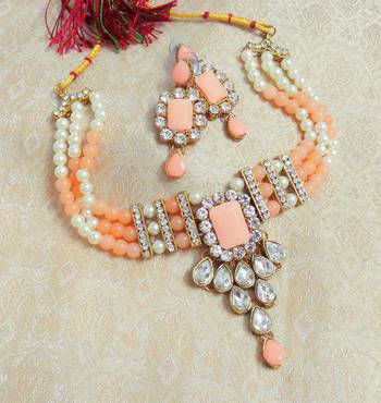 LALSO Elegent Peach Kundan Jewelry Neckalce Set - LKPN01_PH 1