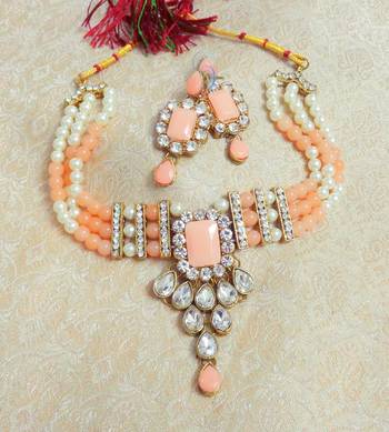 LALSO Elegent Peach Kundan Jewelry Neckalce Set - LKPN01_PH 2