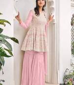 women's Viscose Georgette BABY PINK Sharara Suit Embroidery Work with Dupatta Semi-Stitched suit