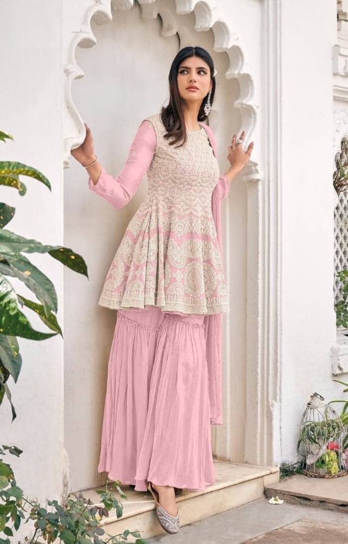 women's Viscose Georgette BABY PINK Sharara Suit Embroidery Work with Dupatta Semi-Stitched suit