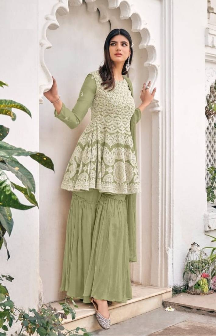Women's viscose georgette light green sharara suit embroidery work with  dupatta semi-stitched suit