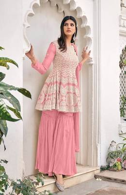 women's Viscose Georgette PINK Sharara Suit Embroidery Work with Dupatta Semi-Stitched suit 1