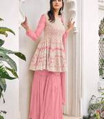 women's Viscose Georgette PINK Sharara Suit Embroidery Work with Dupatta Semi-Stitched suit