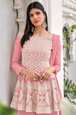 women's Viscose Georgette PINK Sharara Suit Embroidery Work with Dupatta Semi-Stitched suit 2