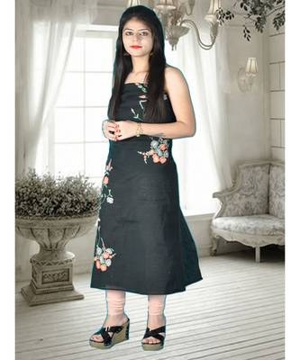 Black Semi-Silk Kurta With French Knot Embroidery 1