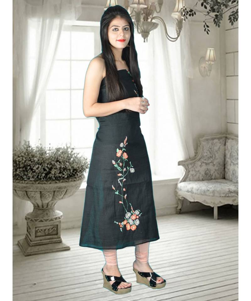 Black Semi-Silk Kurta With French Knot Embroidery