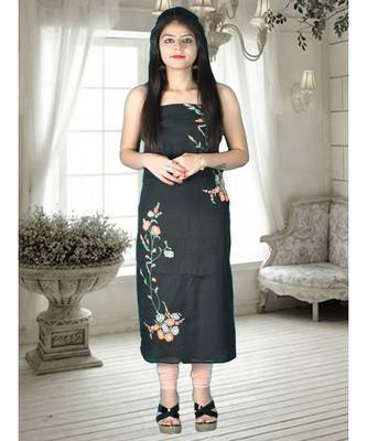 Black Semi-Silk Kurta With French Knot Embroidery 3