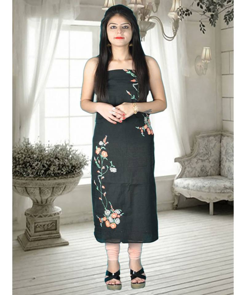 Black Semi-Silk Kurta With French Knot Embroidery