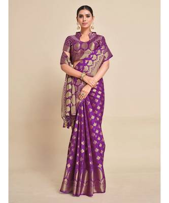 Benarasi Silk Blend Crepe Woven Saree With Unstiched blouse B 3