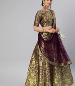 Burgundy & Gold Silk Blend Woven Design Semi Stitched Lehenga & Unstitched Blouse with Dupatta