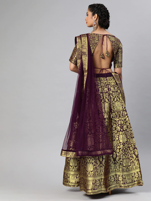 Burgundy & Gold Silk Blend Woven Design Semi Stitched Lehenga & Unstitched Blouse with Dupatta 2
