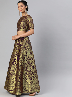 Burgundy & Gold Silk Blend Woven Design Semi Stitched Lehenga & Unstitched Blouse with Dupatta 3