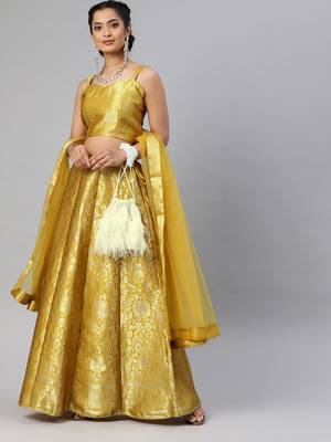 Mustard Yellow & Golden Woven Silk Blend  Semi Stitched Lehenga & Unstitched Blouse with Dupatta 1