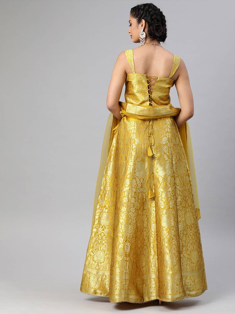 Mustard Yellow & Golden Woven Silk Blend  Semi Stitched Lehenga & Unstitched Blouse with Dupatta